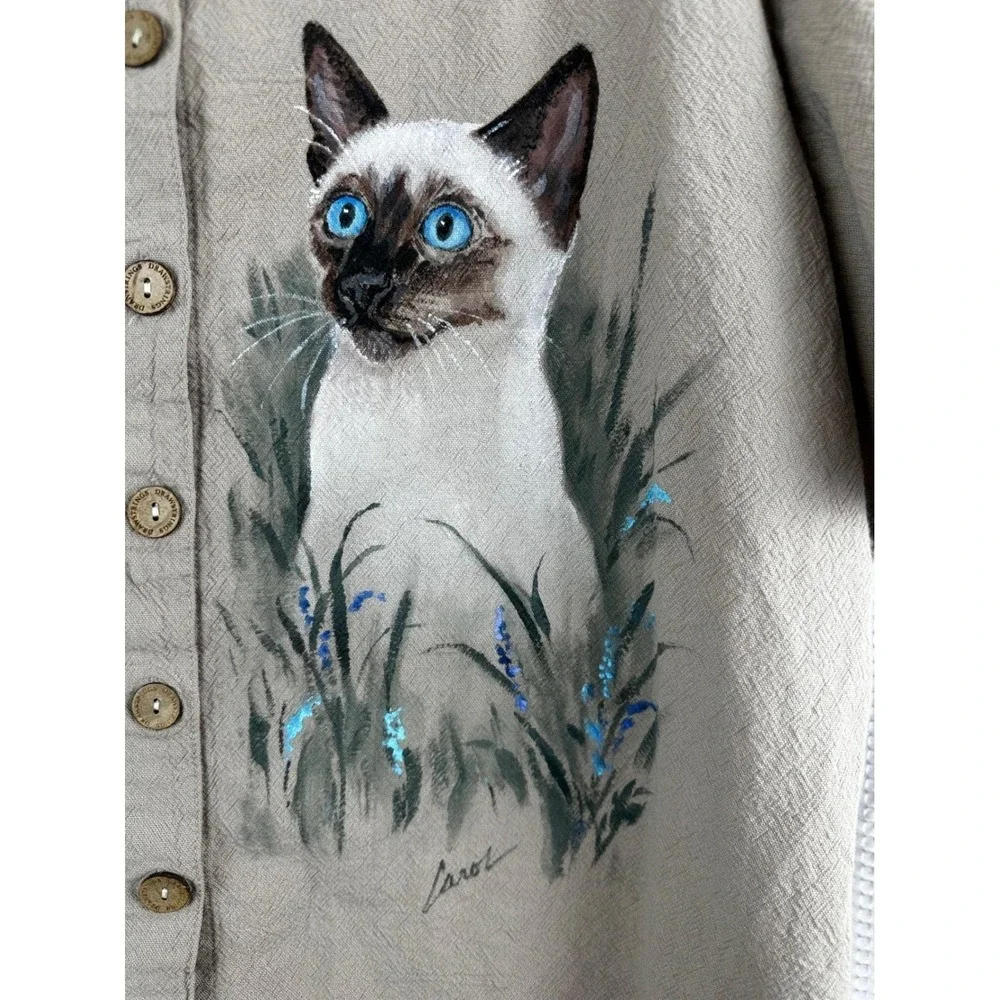 California Prototype Handpainted Siamese Cat‎ Short SLV Button Up Shirt OOAK XXL
